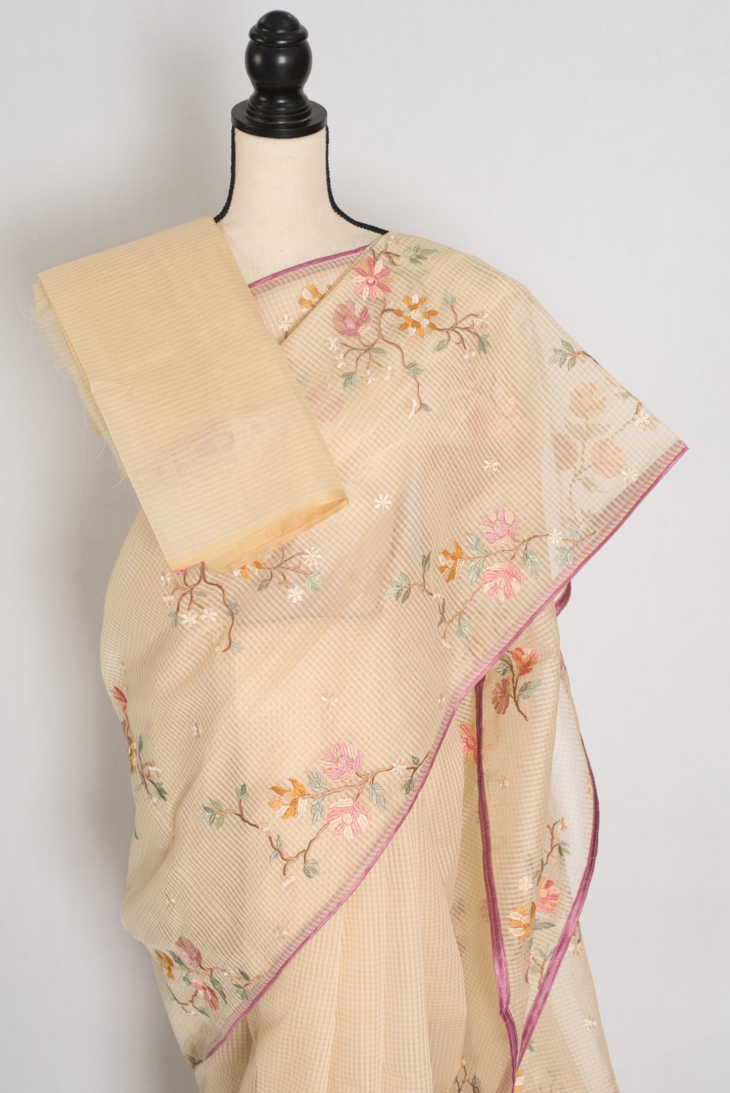 Srija | Yellow Floral Embroidery Blended Cotton Kota Saree image 4