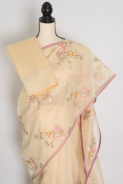 Srija | Yellow Floral Embroidery Blended Cotton Kota Saree image 4