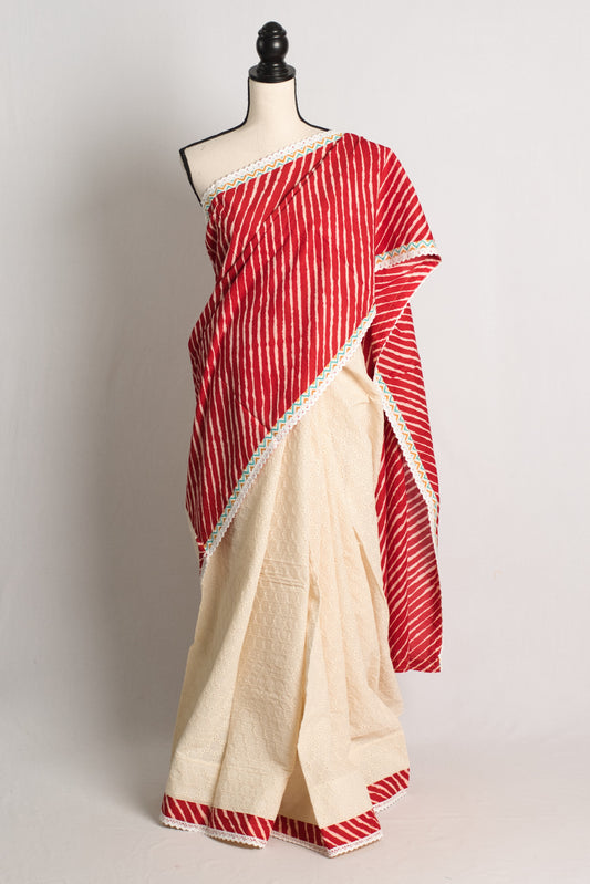 Red and White Designer Hakoba Cotton Saree.