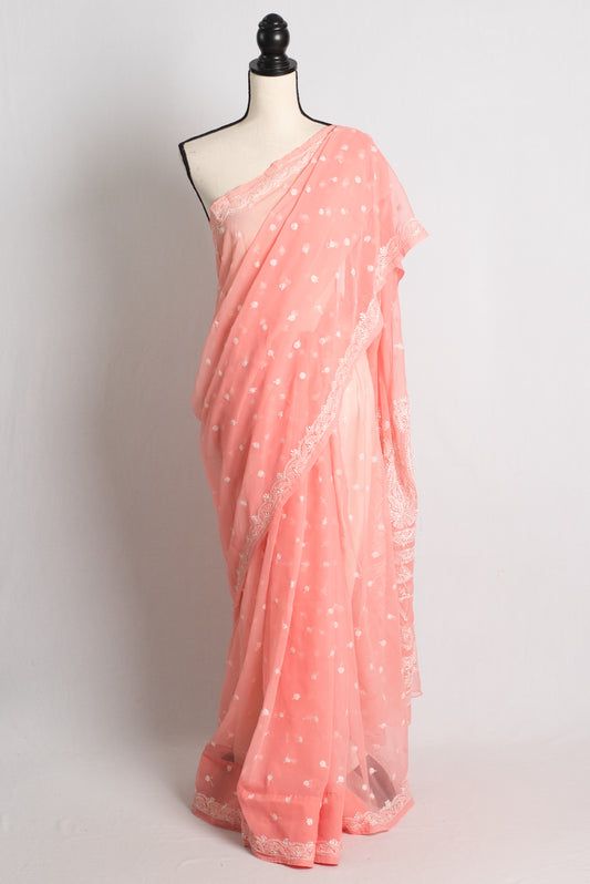 Hand Embroidery Chikankari on Faux Chiffon Saree in Peach and White.