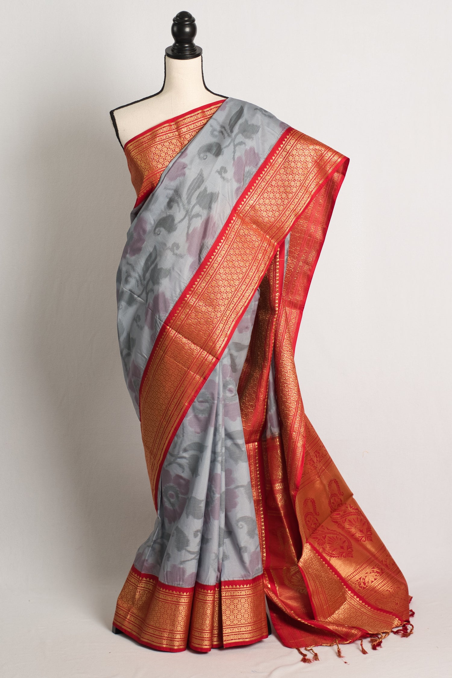 Semi Silk Pochampally Saree in Gray and Red.