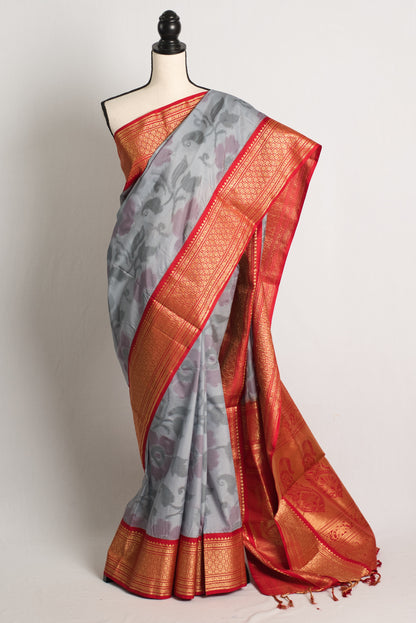 Semi Silk Pochampally Saree in Gray and Red.