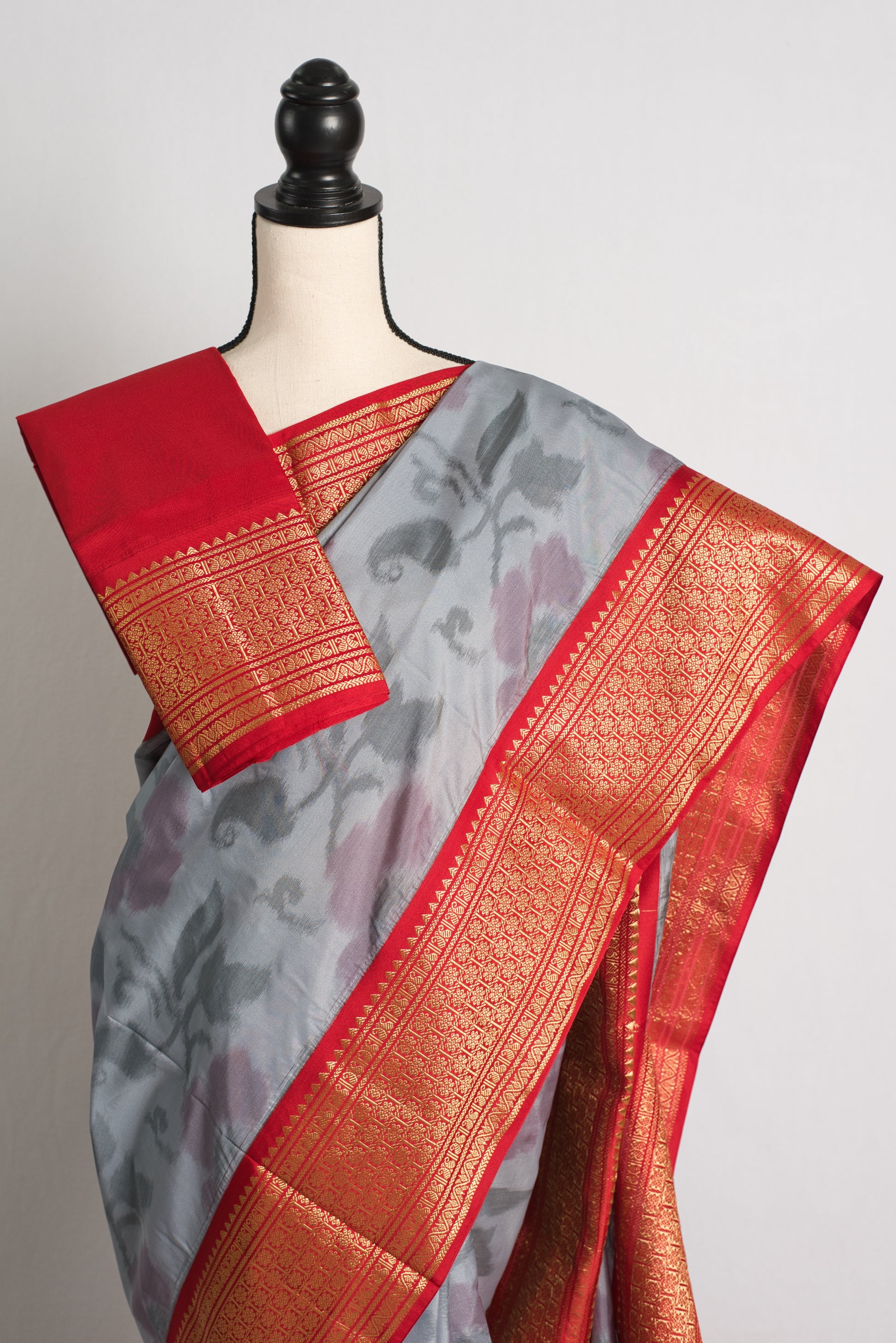 Semi Silk Pochampally Saree in Gray and Red.