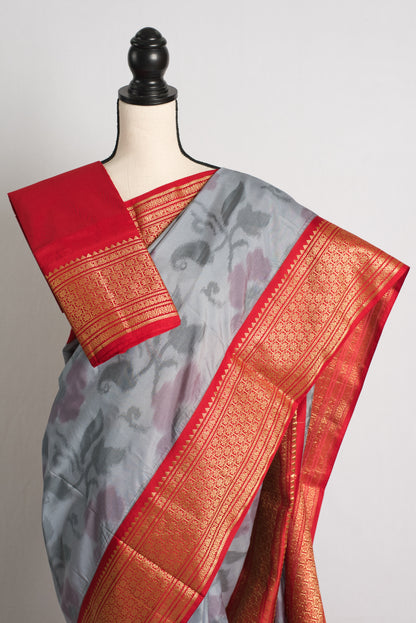 Semi Silk Pochampally Saree in Gray and Red.