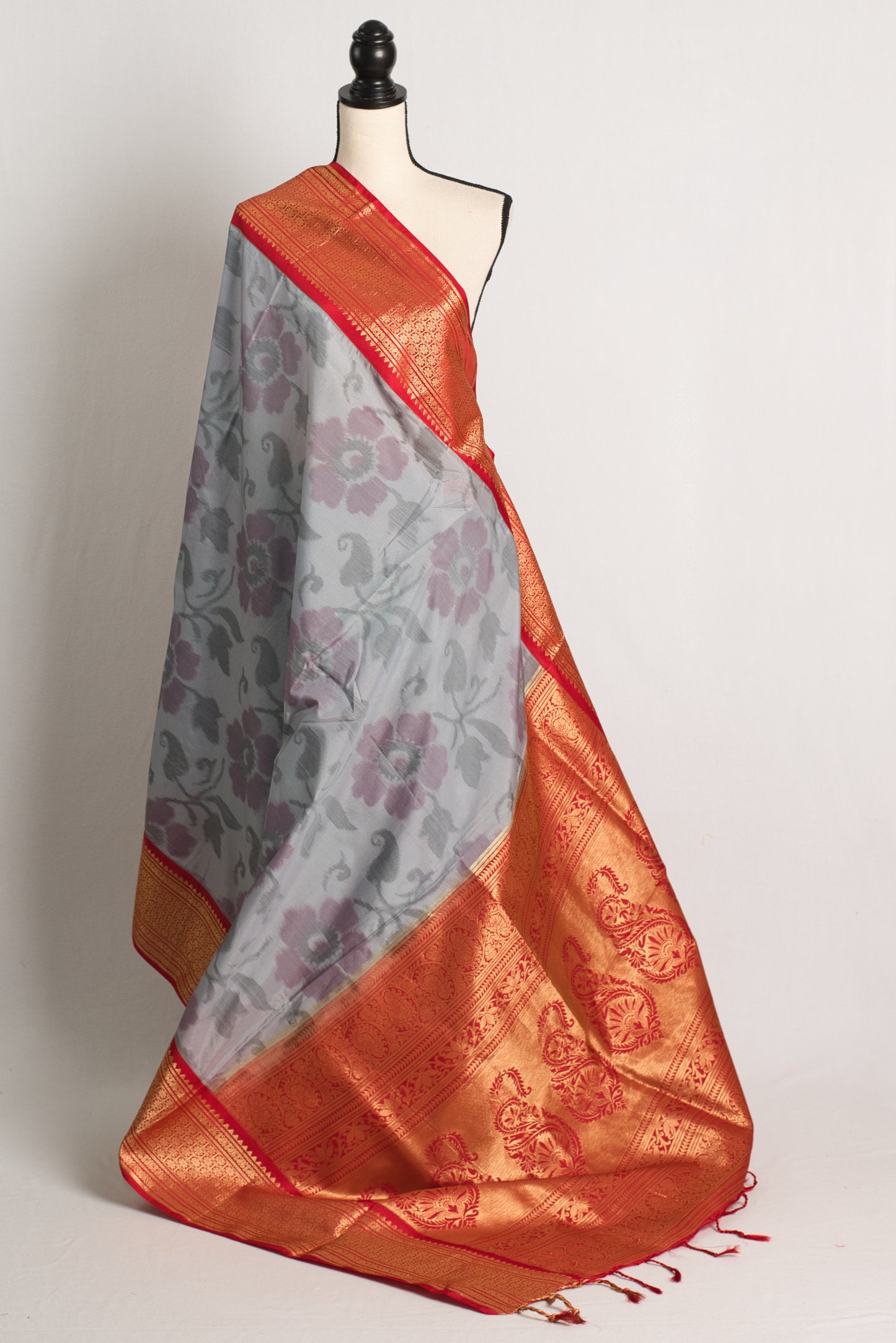 Semi Silk Pochampally Saree in Gray and Red.