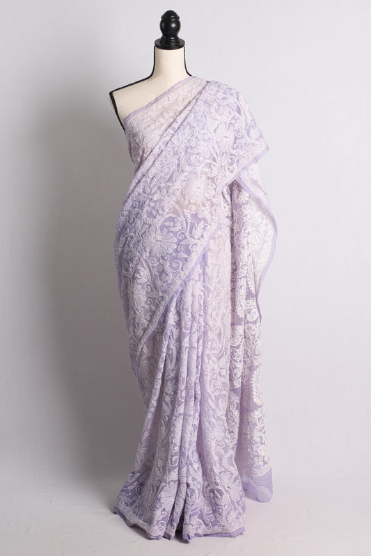 Hand Embroidery Faux Georgette Chikankari Saree in Mauve.