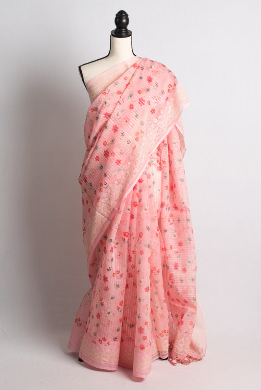 Sequin Work Soft Organza Saree with Embroidery Border in Light Pink.