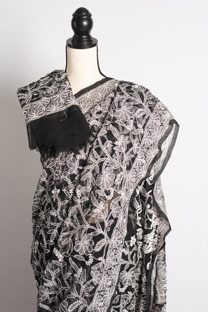 Hand Embroidery Faux Georgette Black Lucknowi Chikankari Saree.