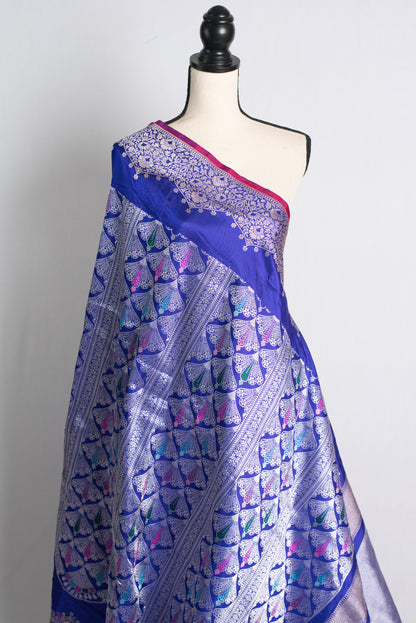 Silk Mark Certified  Katan Silk Tanchoi Banarasi Saree in Royal Blue and Silver