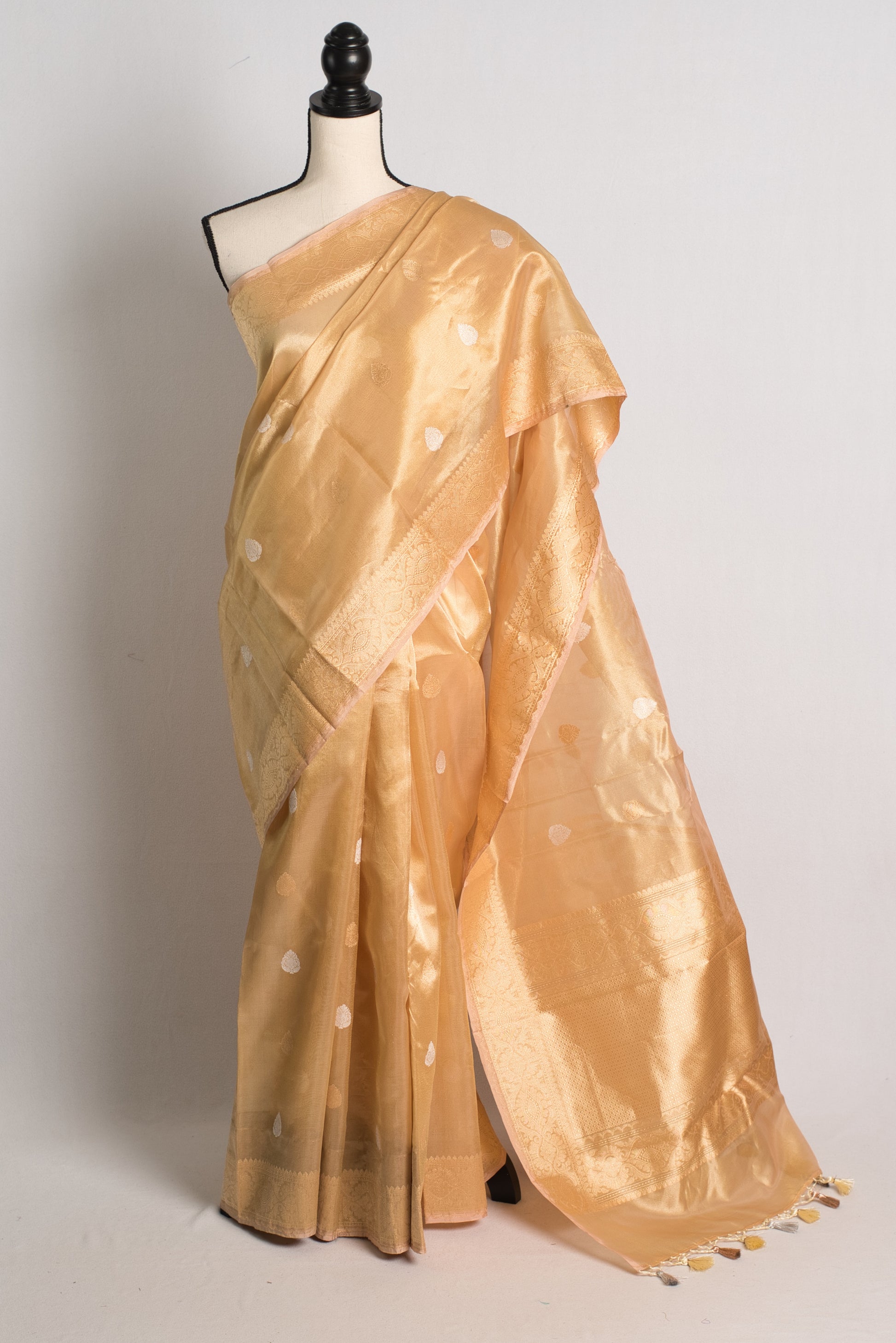 Gold Kadwa Kora Tissue Silk Banarasi Saree with Silver and Golden Woven Zari.