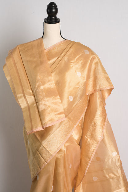 Gold Kadwa Kora Tissue Silk Banarasi Saree with Silver and Golden Woven Zari.