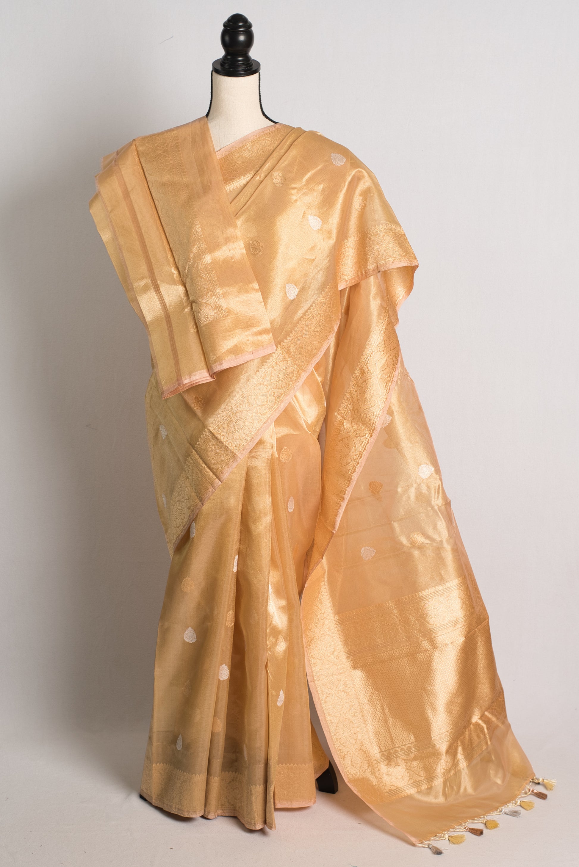 Gold Kadwa Kora Tissue Silk Banarasi Saree with Silver and Golden Woven Zari.