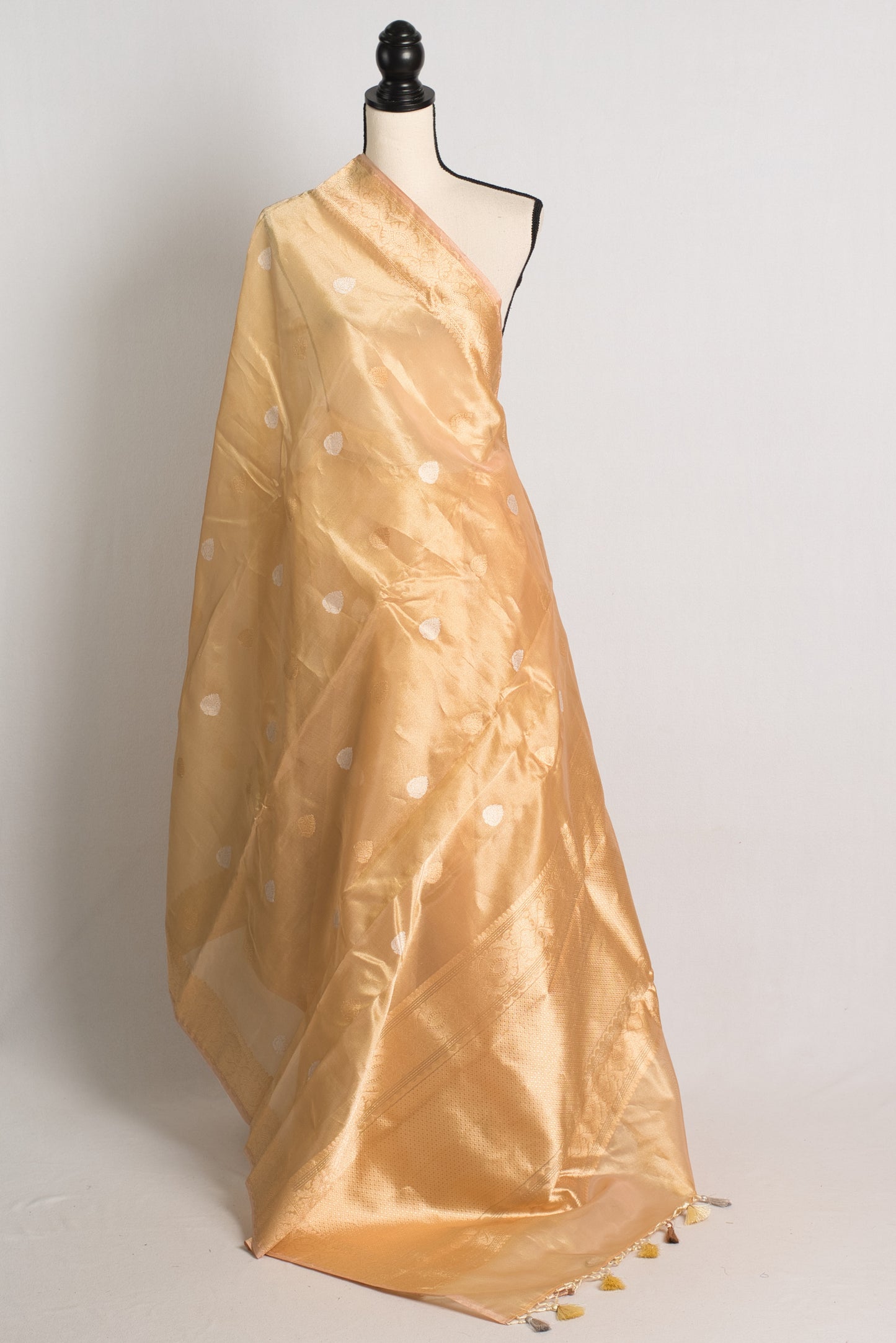 Gold Kadwa Kora Tissue Silk Banarasi Saree with Silver and Golden Woven Zari.