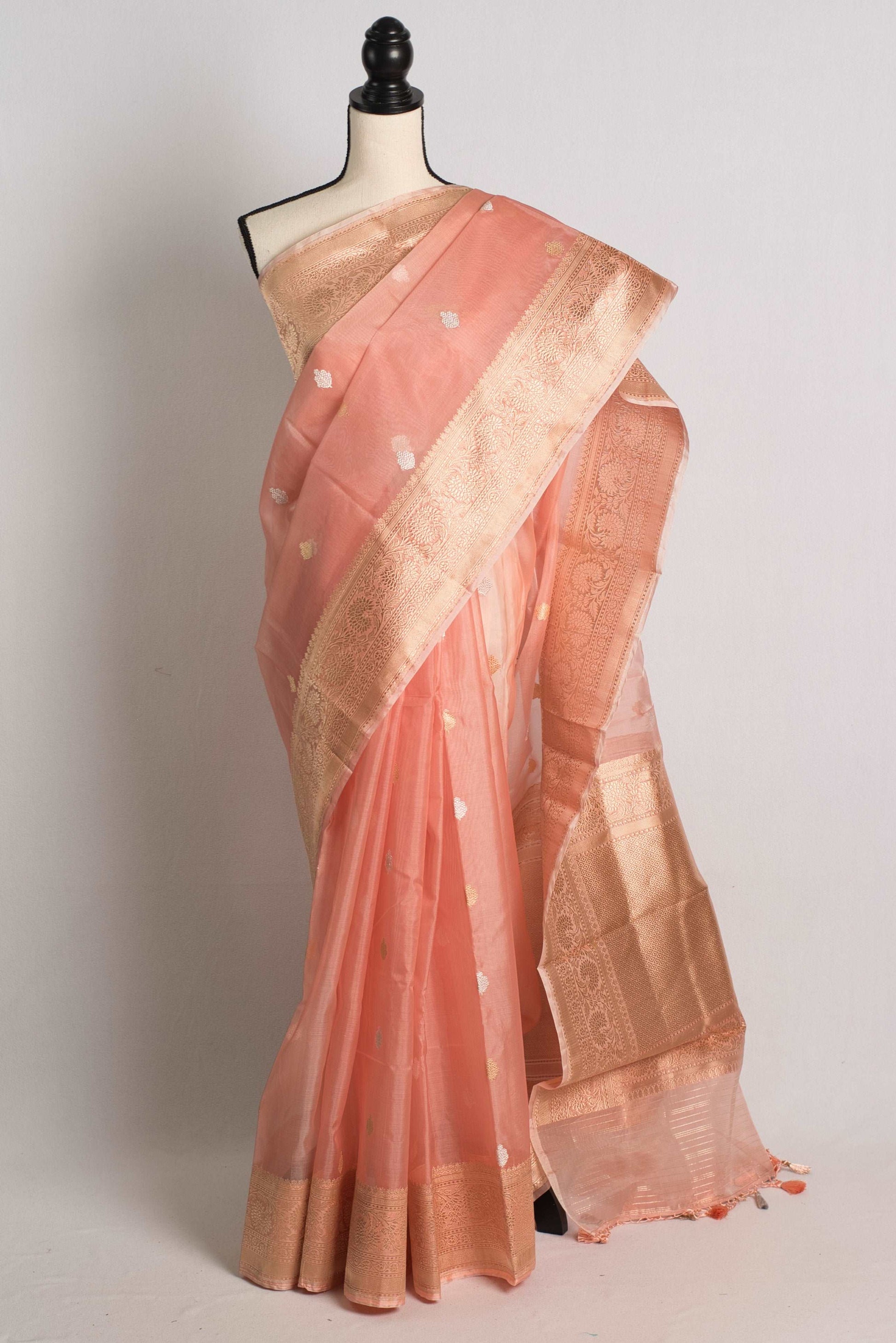 Pink Kadwa Kora Silk Banarasi Saree with Silver and Golden Woven Zari