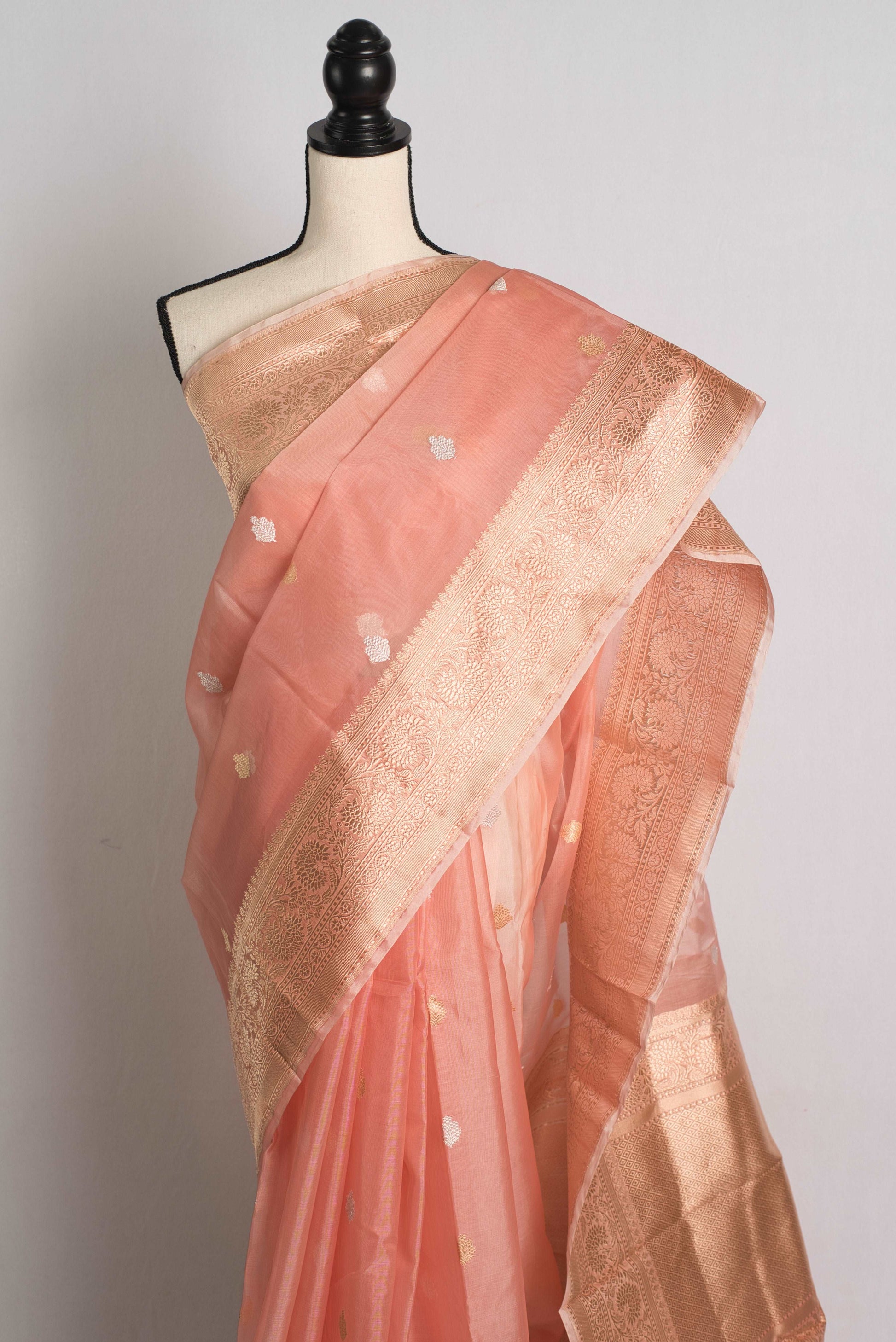 Pink Kadwa Kora Silk Banarasi Saree with Silver and Golden Woven Zari