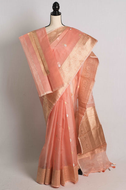 Pink Kadwa Kora Silk Banarasi Saree with Silver and Golden Woven Zari