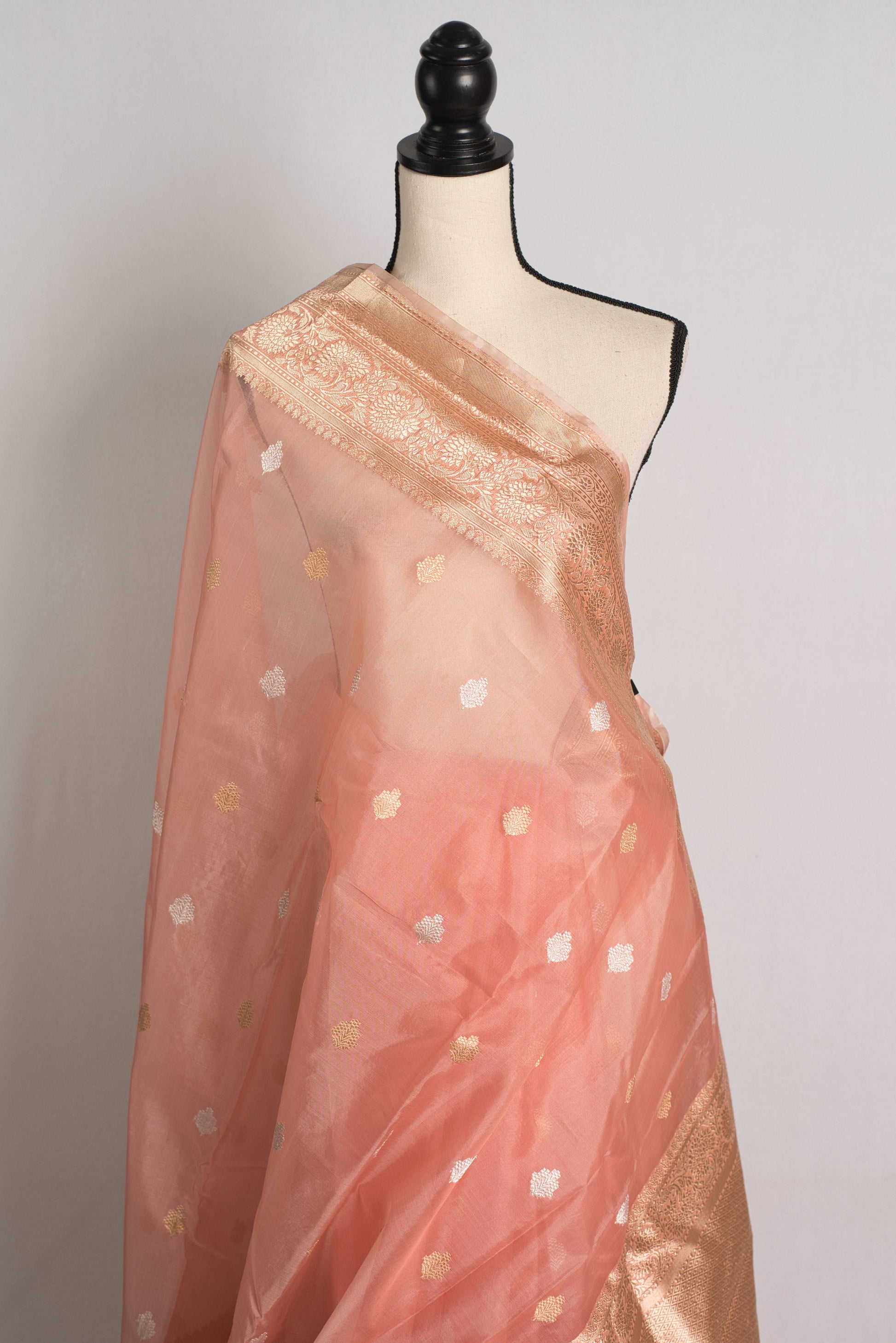 Pink Kadwa Kora Silk Banarasi Saree with Silver and Golden Woven Zari