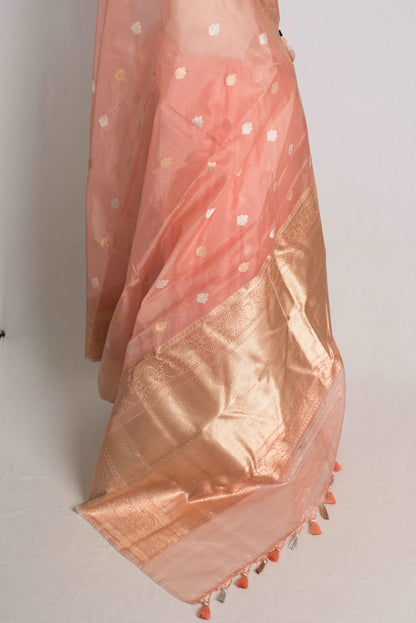 Pink Kadwa Kora Silk Banarasi Saree with Silver and Golden Woven Zari