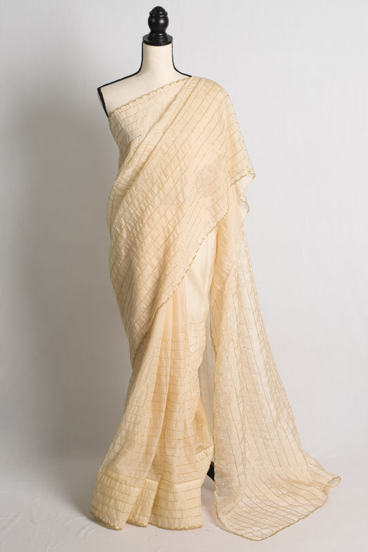 Cream and Gold Organza Cocktail Saree.