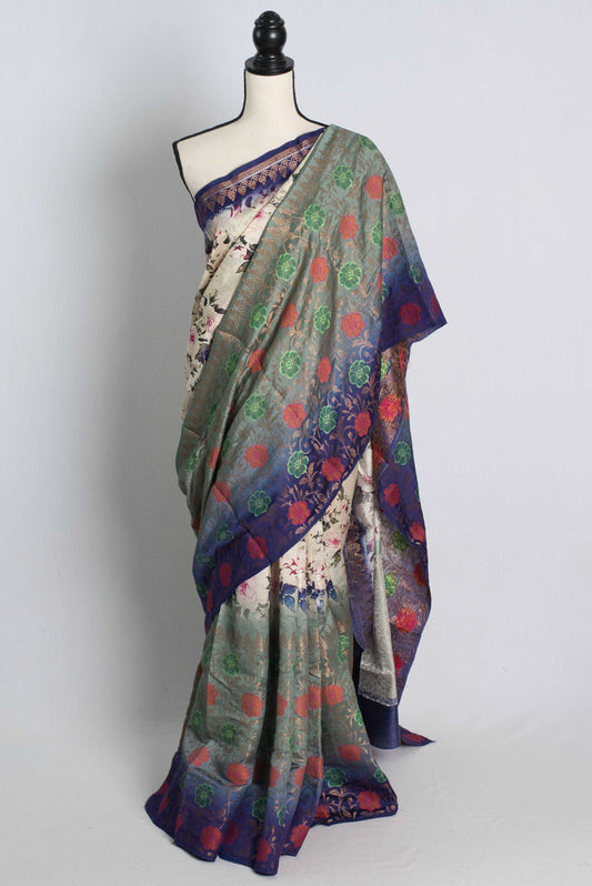 Chiniya Silk Banarasi Saree in Off White, Green and Purple