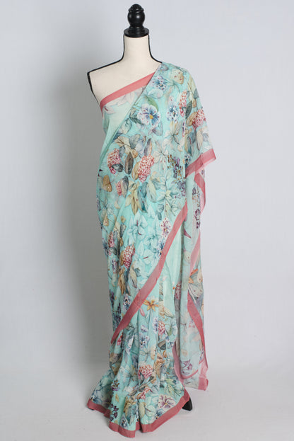 Digital Printed Georgette Saree with Sequins in Sky Blue.