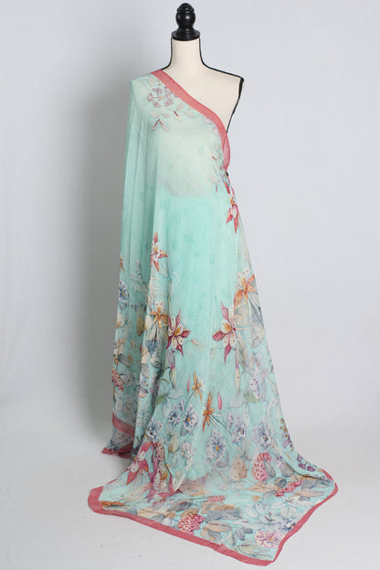 Digital Printed Georgette Saree with Sequins in Sky Blue.