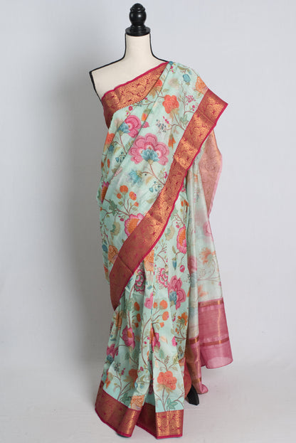 Floral Printed Chanderi Cotton Silk Banarasi Saree in Sky Blue.