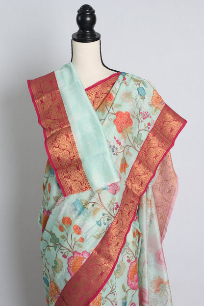 Floral Printed Chanderi Cotton Silk Banarasi Saree in Sky Blue.