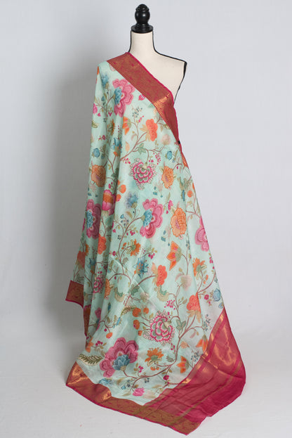 Floral Printed Chanderi Cotton Silk Banarasi Saree in Sky Blue.