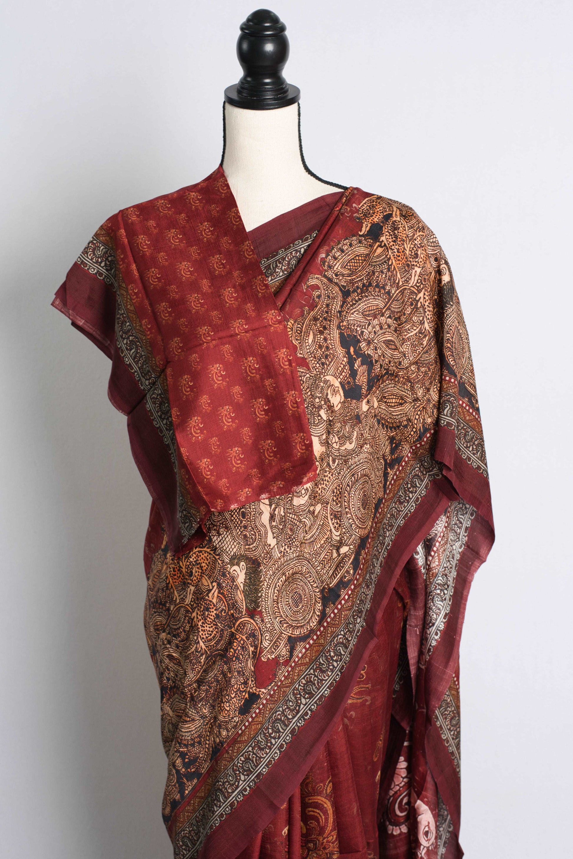 Kalamkari Printed Eri Silk Saree in Brown