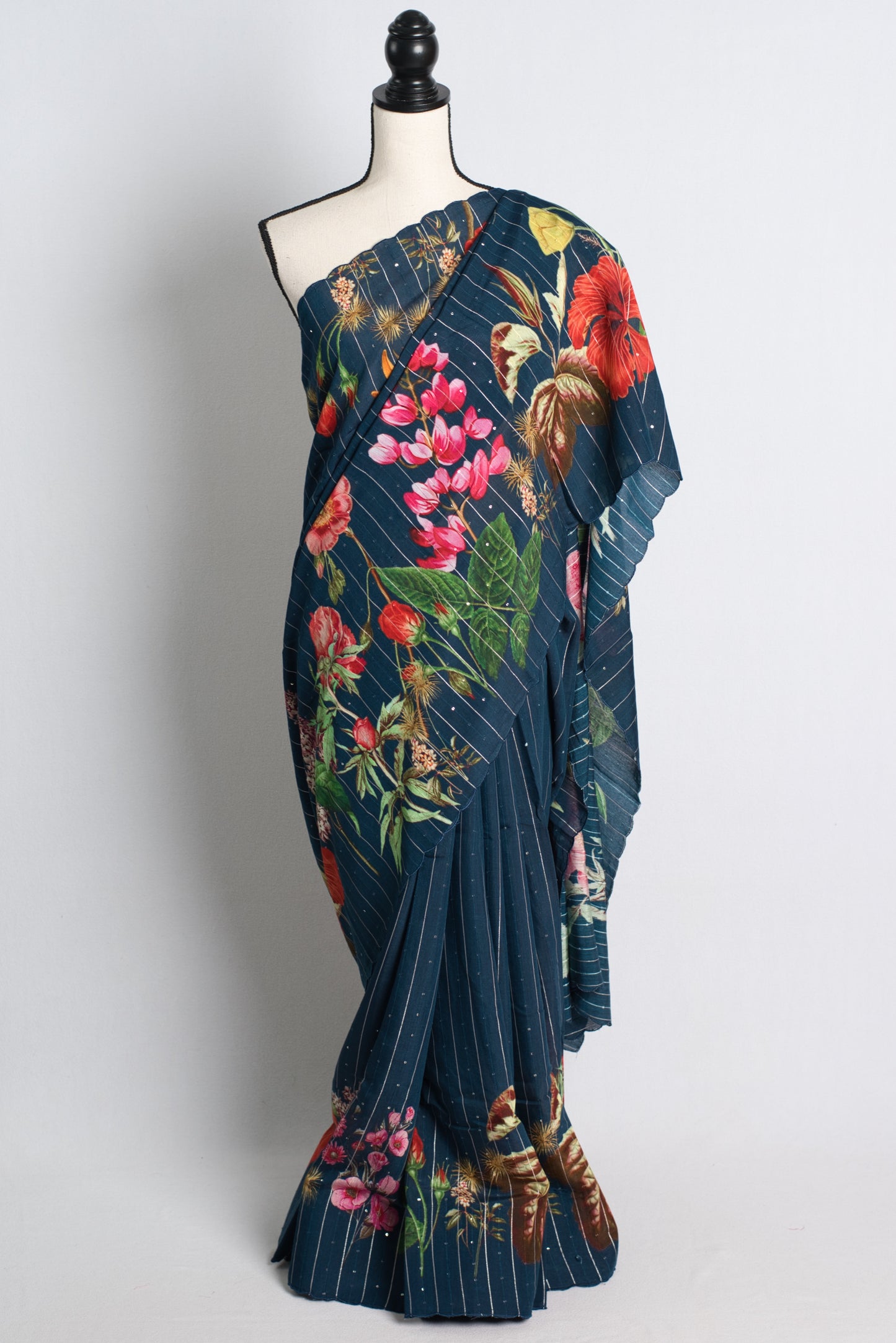 Blue Floral Printed Munga Soft Cotton Saree with Woven Sequins.