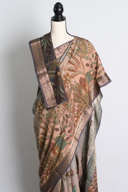 Semi Silk Kalamkari Banarasi Saree in Mauve and Gold.