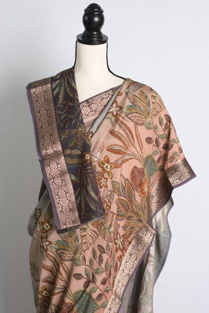 Semi Silk Kalamkari Banarasi Saree in Mauve and Gold.