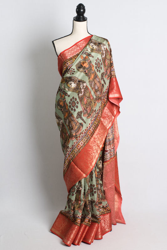 Blended Silk Printed Kalamkari Saree in Sea Green and Red.