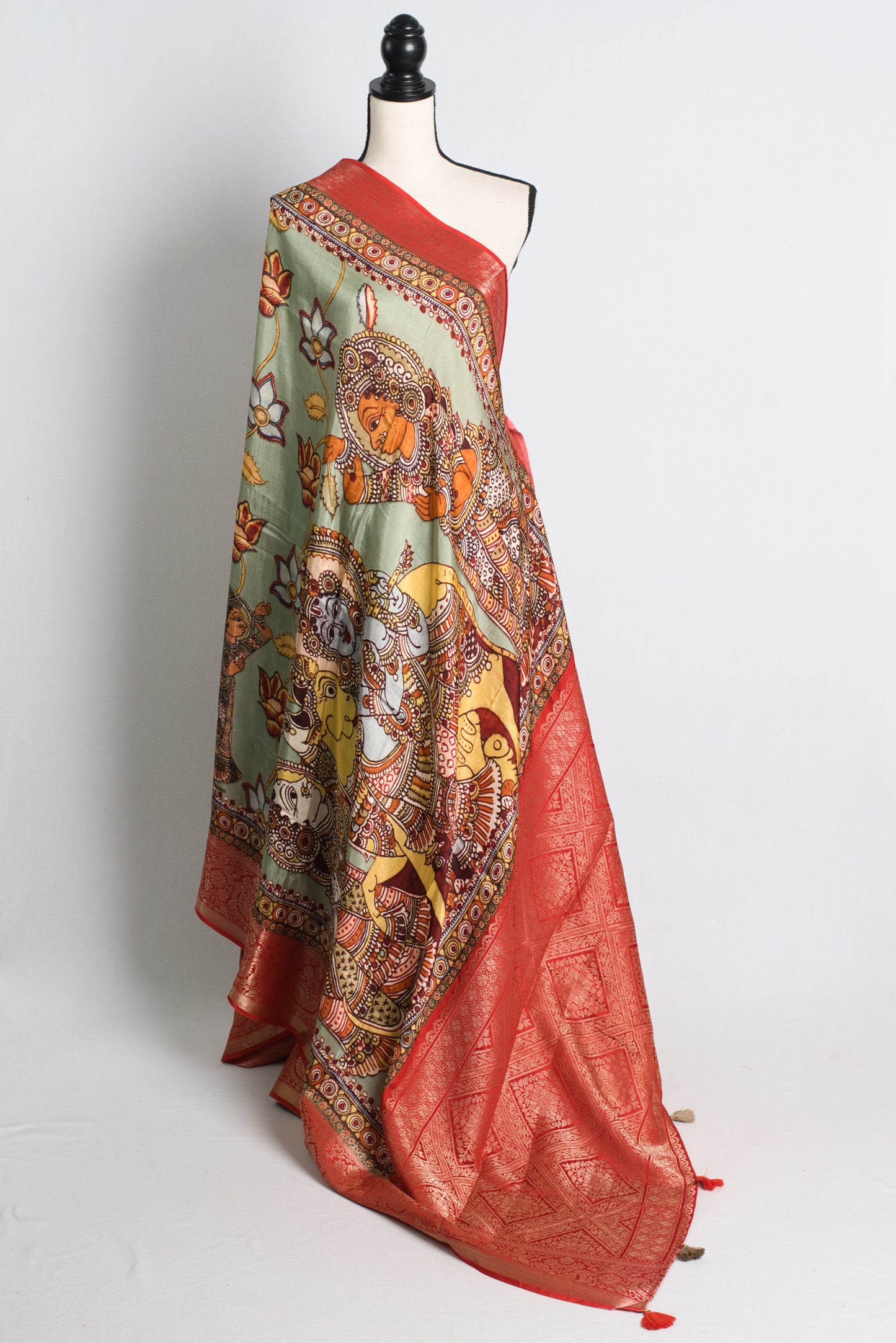 Blended Silk Printed Kalamkari Saree in Sea Green and Red.