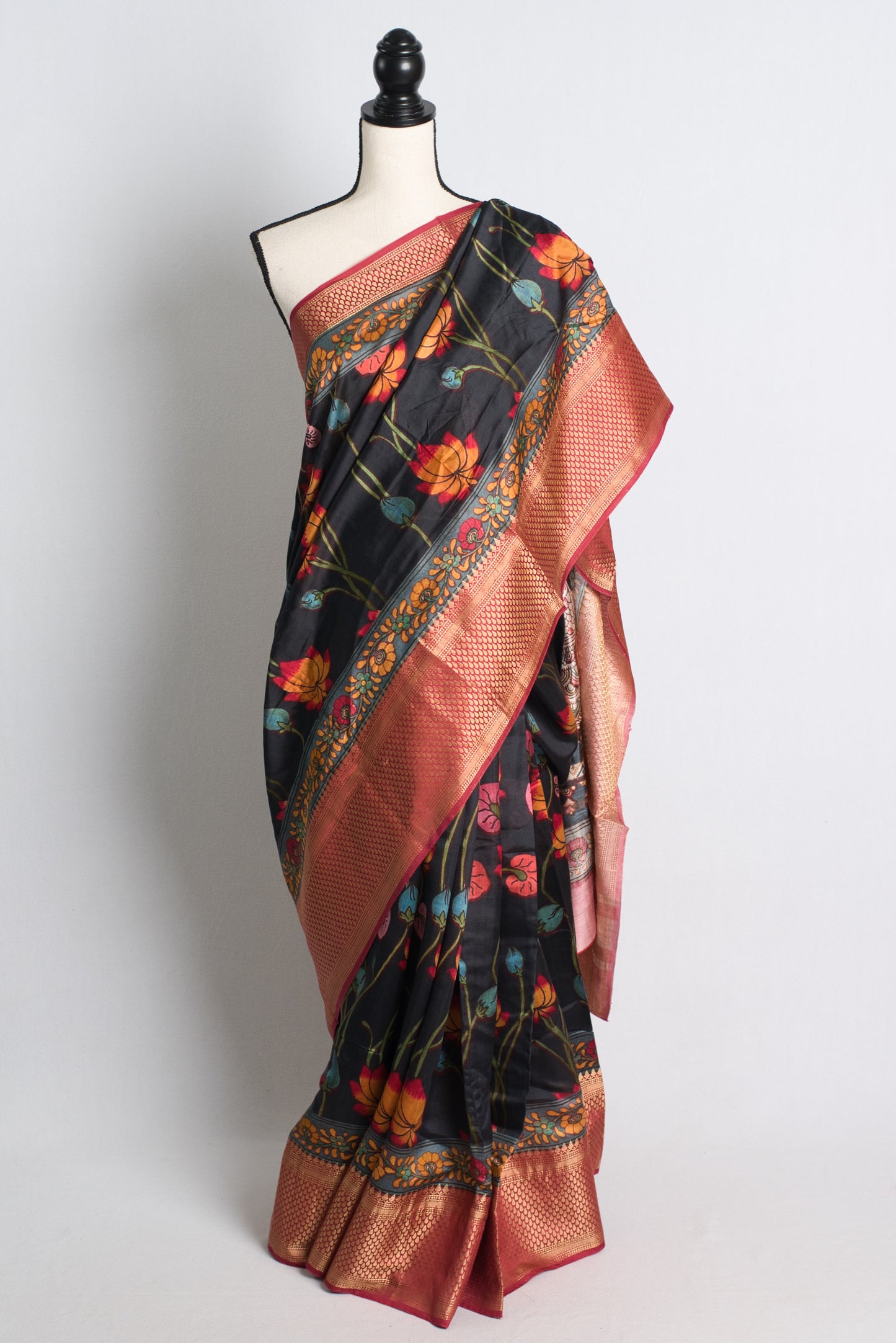 Chiniya Silk Black Kalamkari Banarasi Saree.