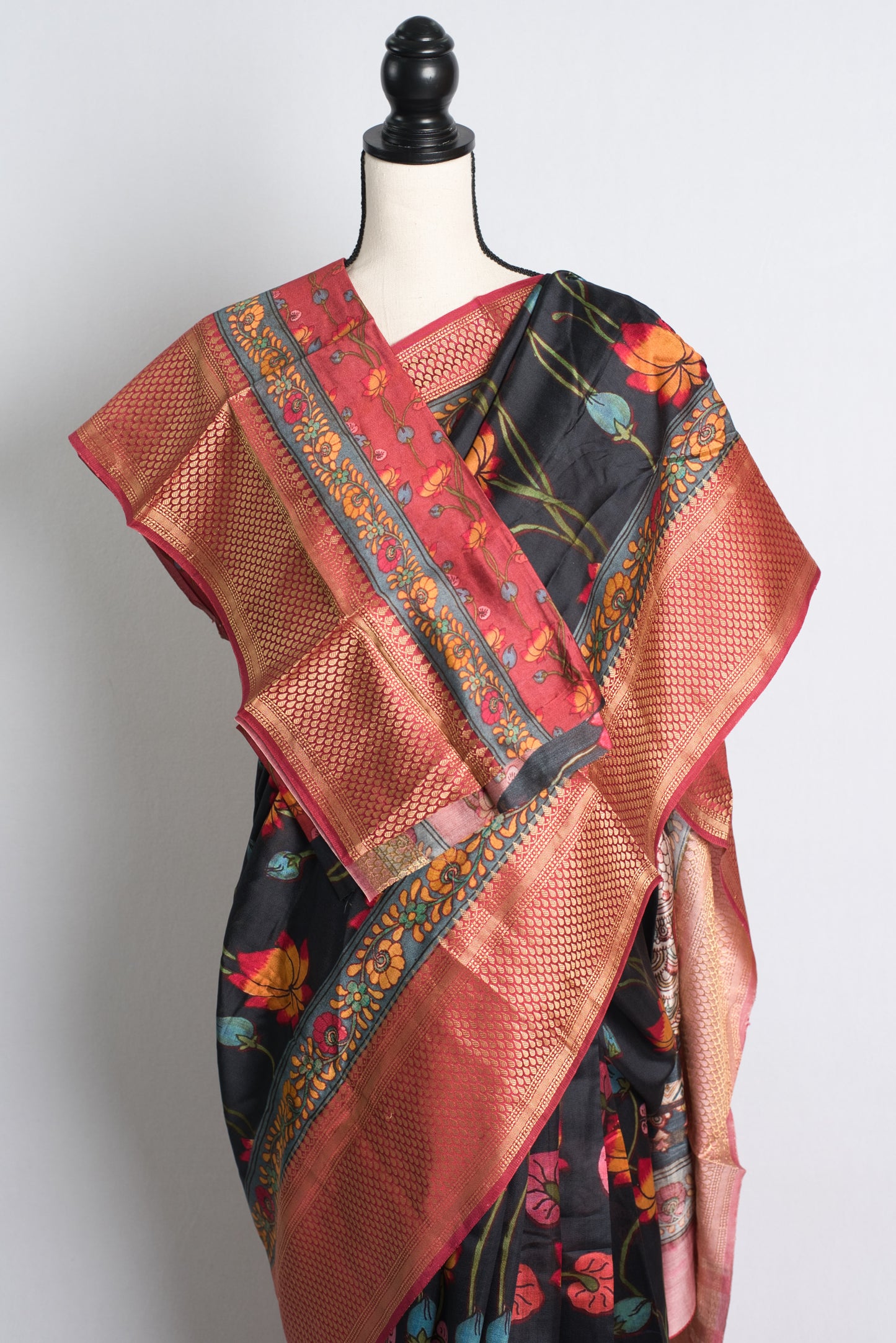 Chiniya Silk Black Kalamkari Banarasi Saree.