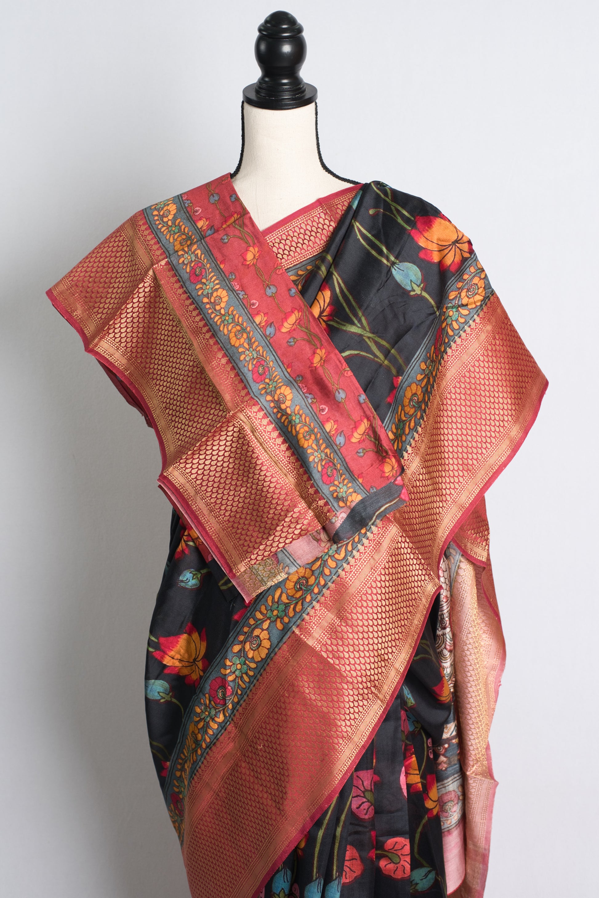 Chiniya Silk Black Kalamkari Banarasi Saree.