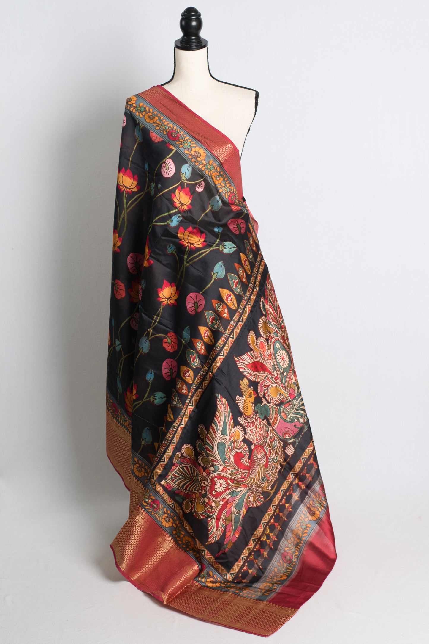 Chiniya Silk Black Kalamkari Banarasi Saree.