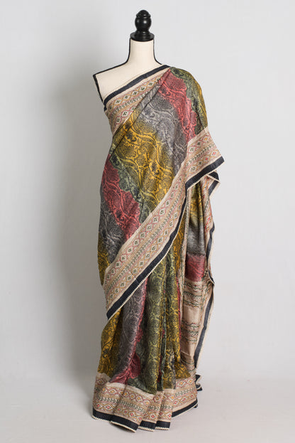 Block Printed Tussar Silk Saree with Kantha Stitch Hand Embroidery.