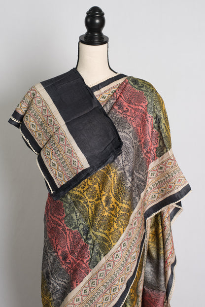 Block Printed Tussar Silk Saree with Kantha Stitch Hand Embroidery.