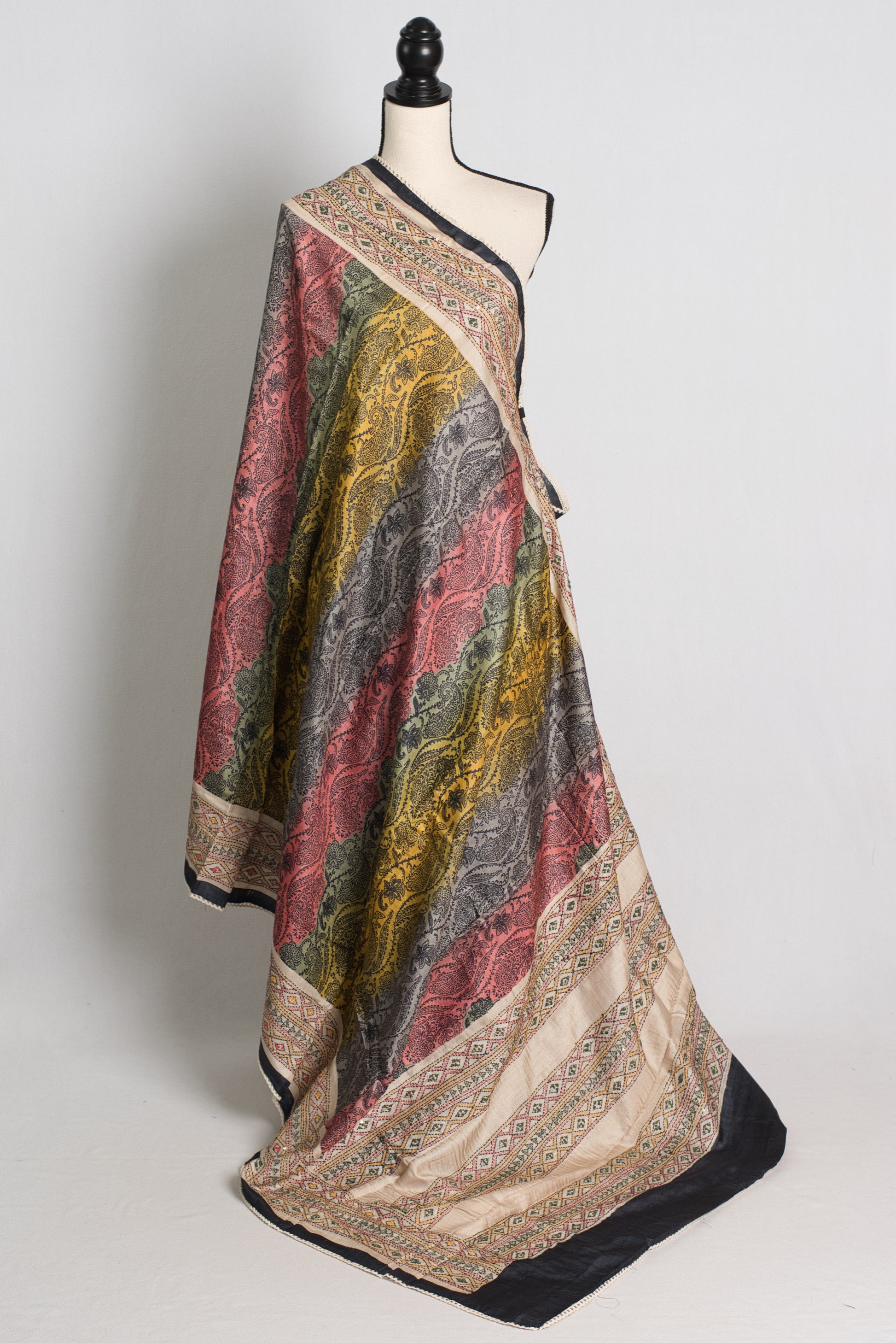 Block Printed Tussar Silk Saree with Kantha Stitch Hand Embroidery.