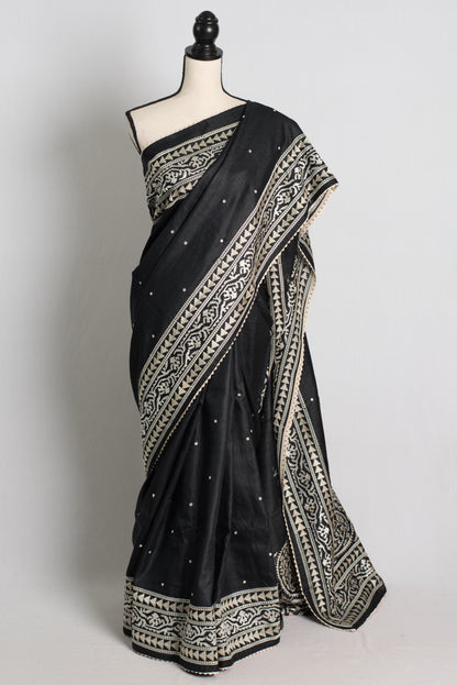 Jamdani Embroidery Black Gachi Tussar Saree with Mirror Work.