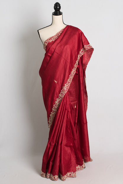 Premium Quality Hand Embroidery Tussar Silk Saree in Dark Red.