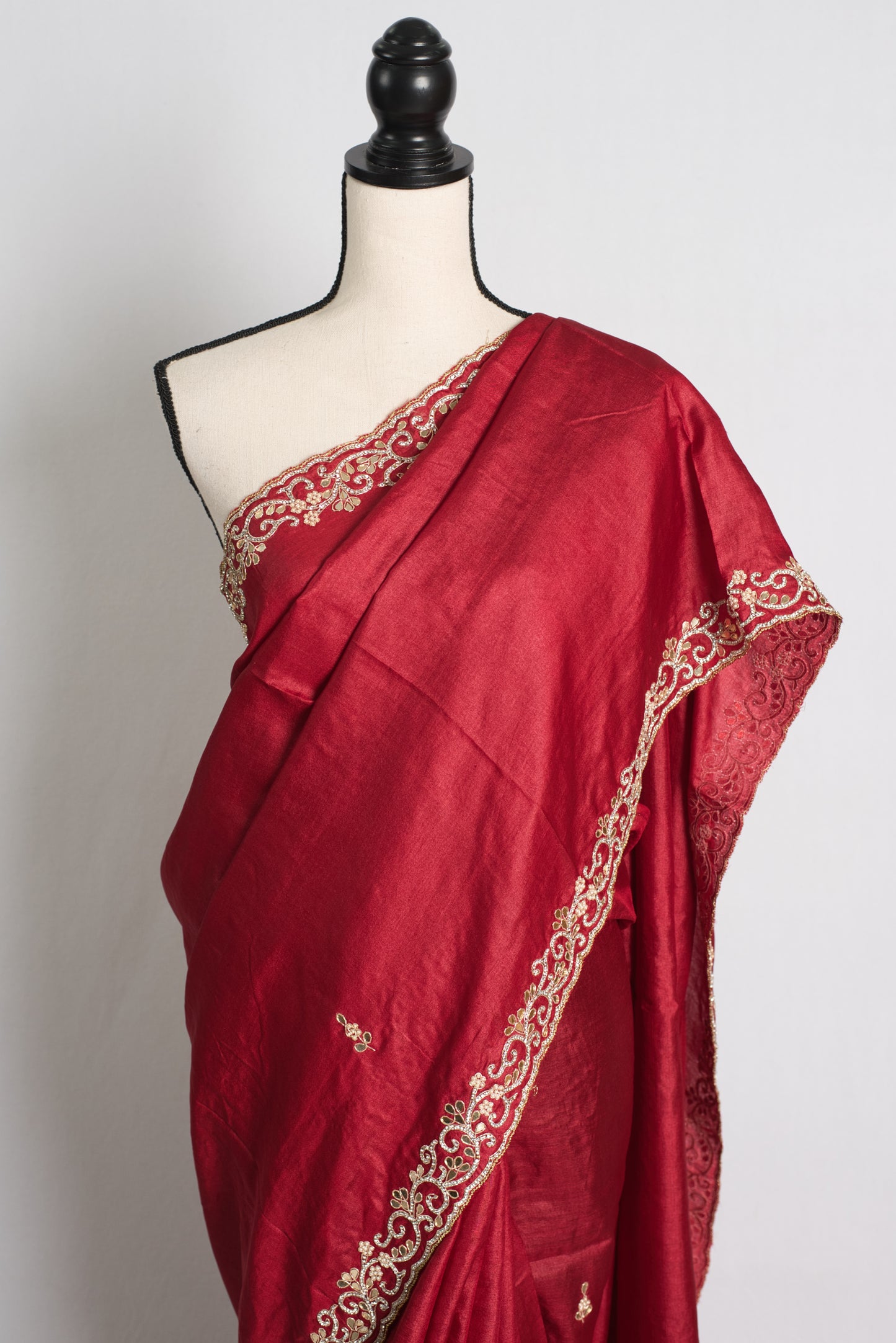 Premium Quality Hand Embroidery Tussar Silk Saree in Dark Red.