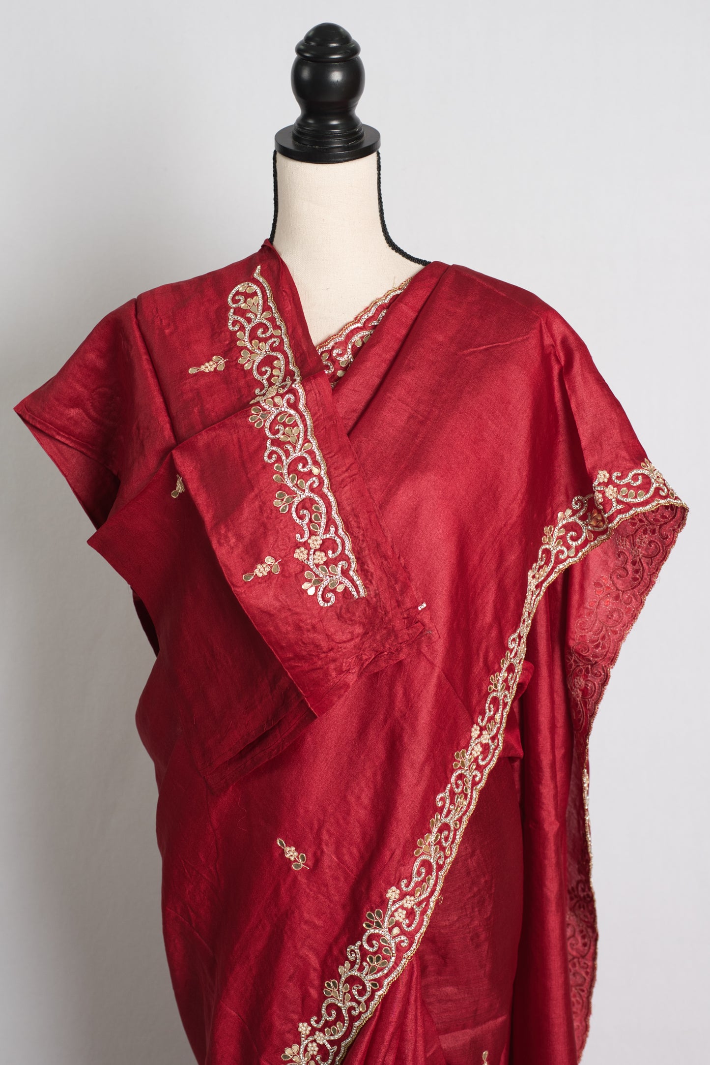 Premium Quality Hand Embroidery Tussar Silk Saree in Dark Red.