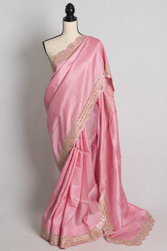 Premium Quality Hand Embroidery Pink Tussar Silk Saree.