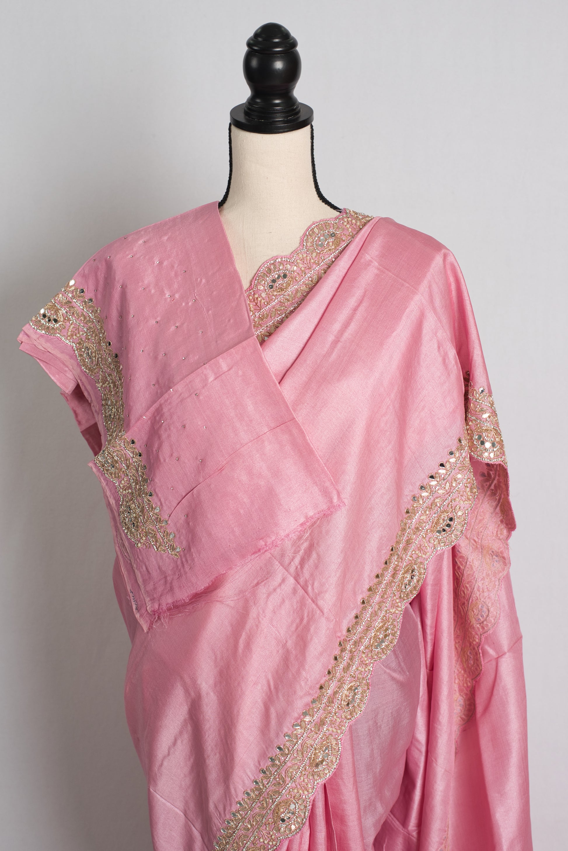 Premium Quality Hand Embroidery Pink Tussar Silk Saree.