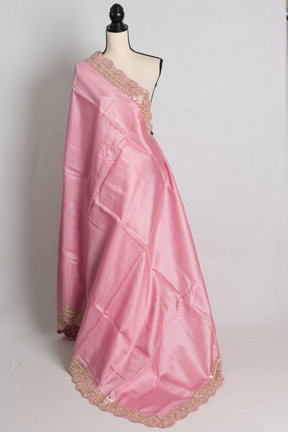 Premium Quality Hand Embroidery Pink Tussar Silk Saree.