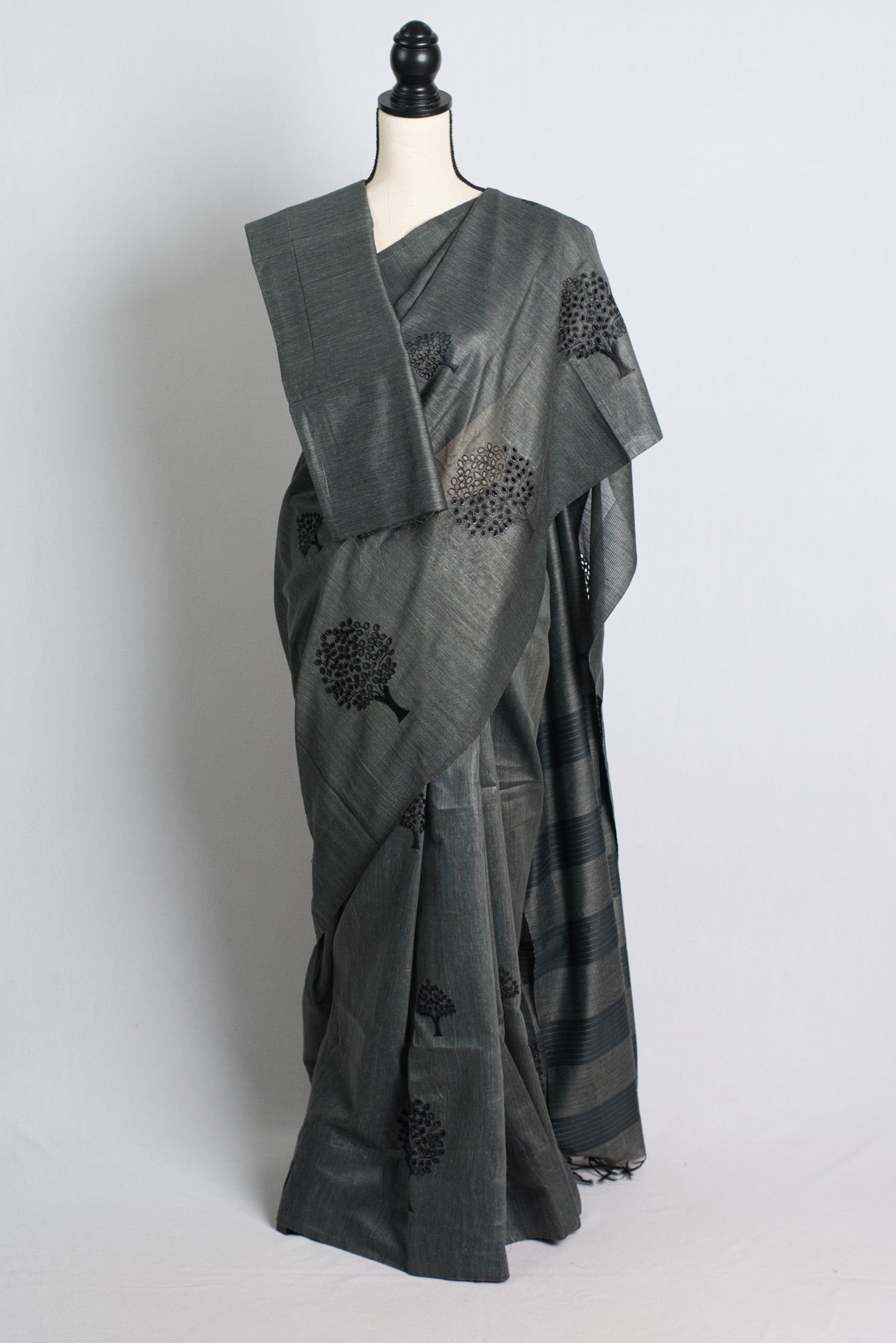 Cut Work Semi Tussar Embroidery Saree in Charcoal Black.